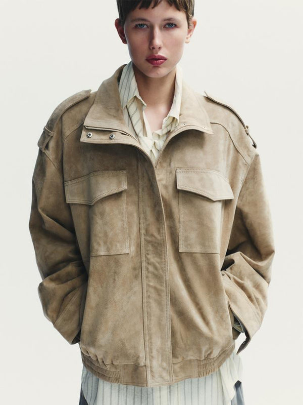 Zara-New-Woman-Suede-Leather-Jacket-Brown-Taupe