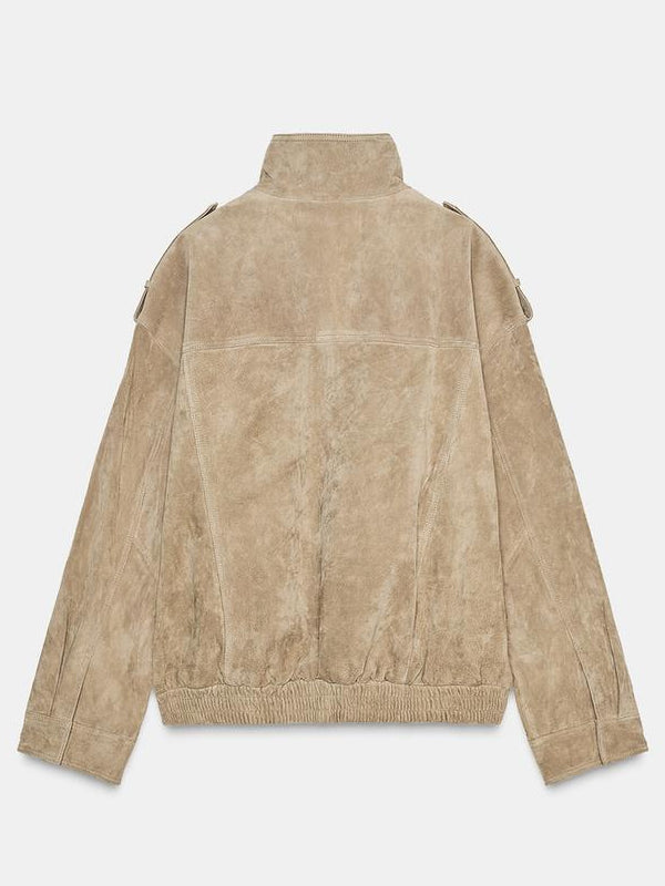 Zara-Woman-Nwt-Suede-Leather-Jacket-Bomber-Brown-Taupe-Back