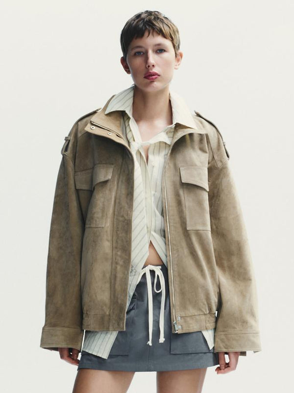 Zara-Woman-Nwt-Suede-Leather-Jacket-Bomber-Brown-Taupe