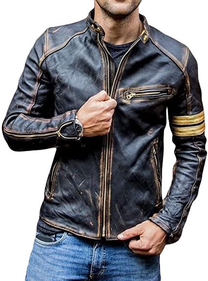 Distressed Quilted Biker Jacket Men, Brown Zing Apparel