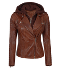 Women Leather Jacket With Hood Cognac Zing Apparel