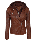 Women Leather Jacket With Hood Cognac Zing Apparel