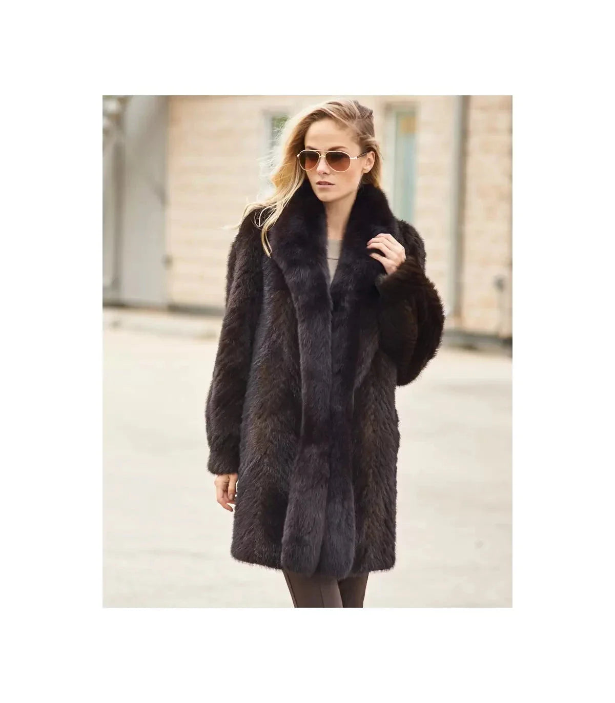 Olivia Textured Mink Stroller Coat with Fox Tuxedo Collar Zing Apparel