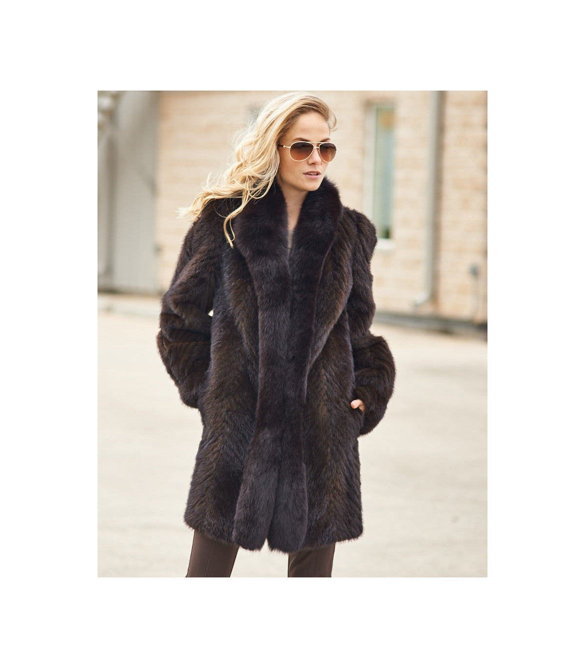 Olivia Textured Mink Stroller Coat with Fox Tuxedo Collar Zing Apparel