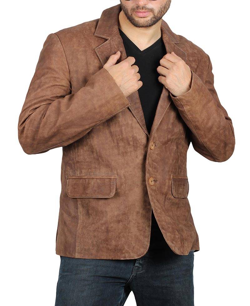 Exclusive 2 Buttons Leather Blazer Men, Brown Zing Apparel