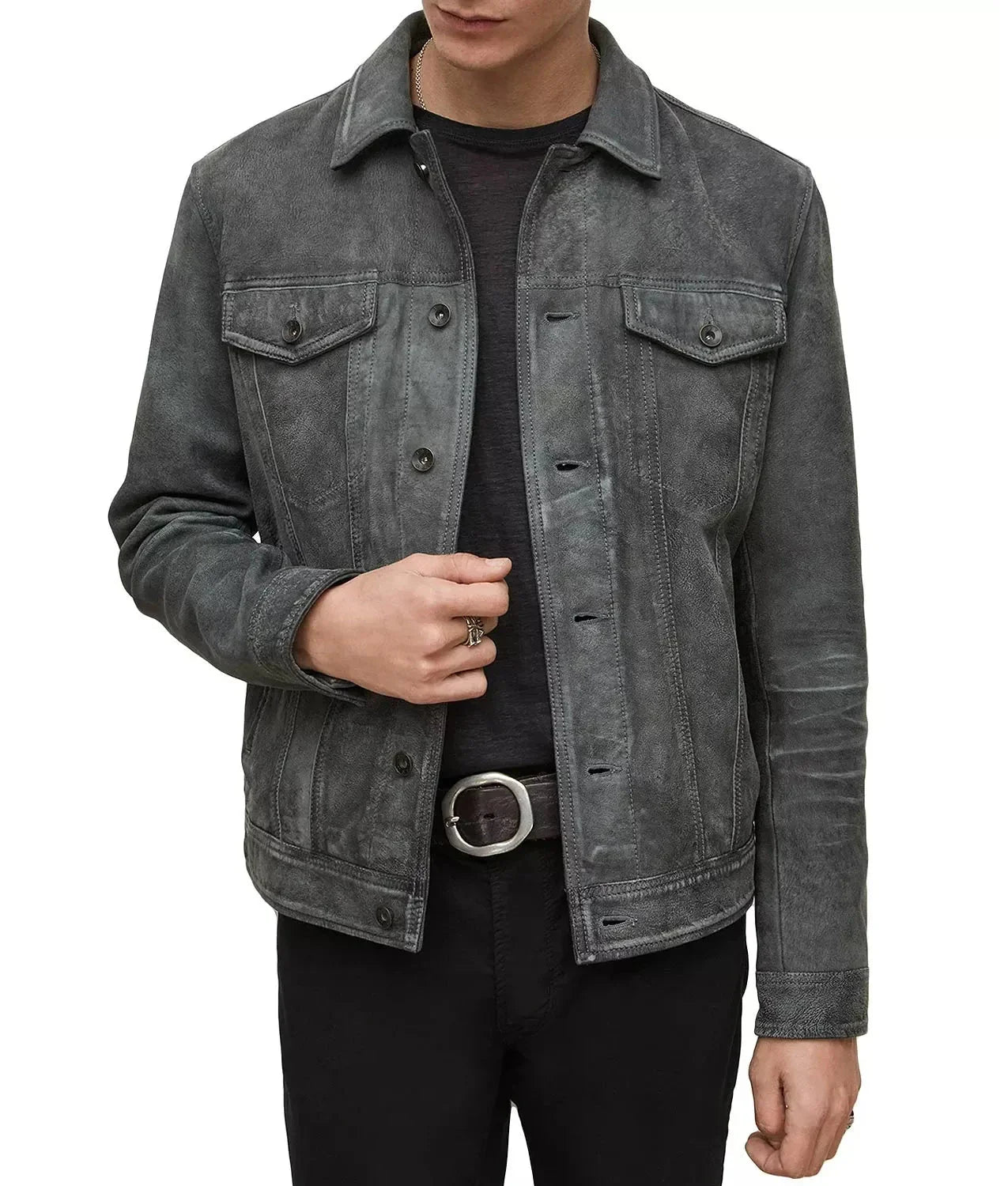 Trucker Suede Leather Jacket Men, Grey Zing Apparel