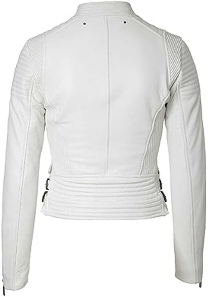 Biker Quilted Leather Leather  Jacket Women, White Zing Apparel