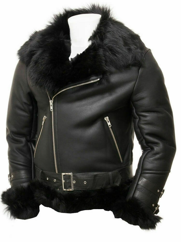 Black Leather Shearling Jacket For Men - flying Toscana Zing Apparel
