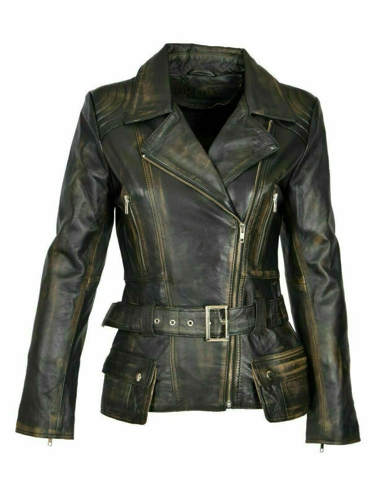 Brando Distressed Women Biker Jacket, Brown Zing Apparel