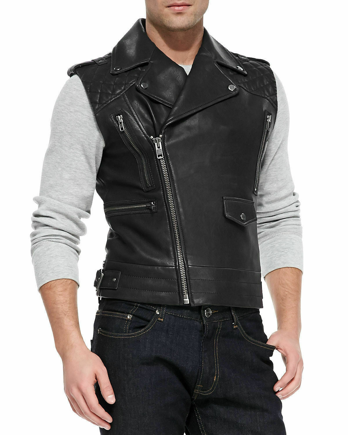 Asymmetrical Quilted Leather Vest Black Zing Apparel