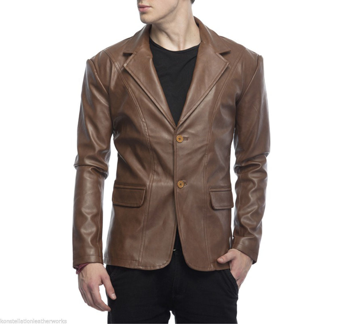 2 Button Lambskin Leather Blazer Men, Brown Zing Apparel