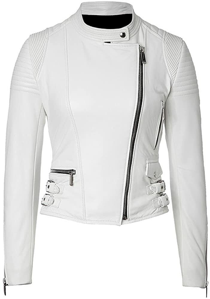 Biker Quilted Leather Leather  Jacket Women, White Zing Apparel