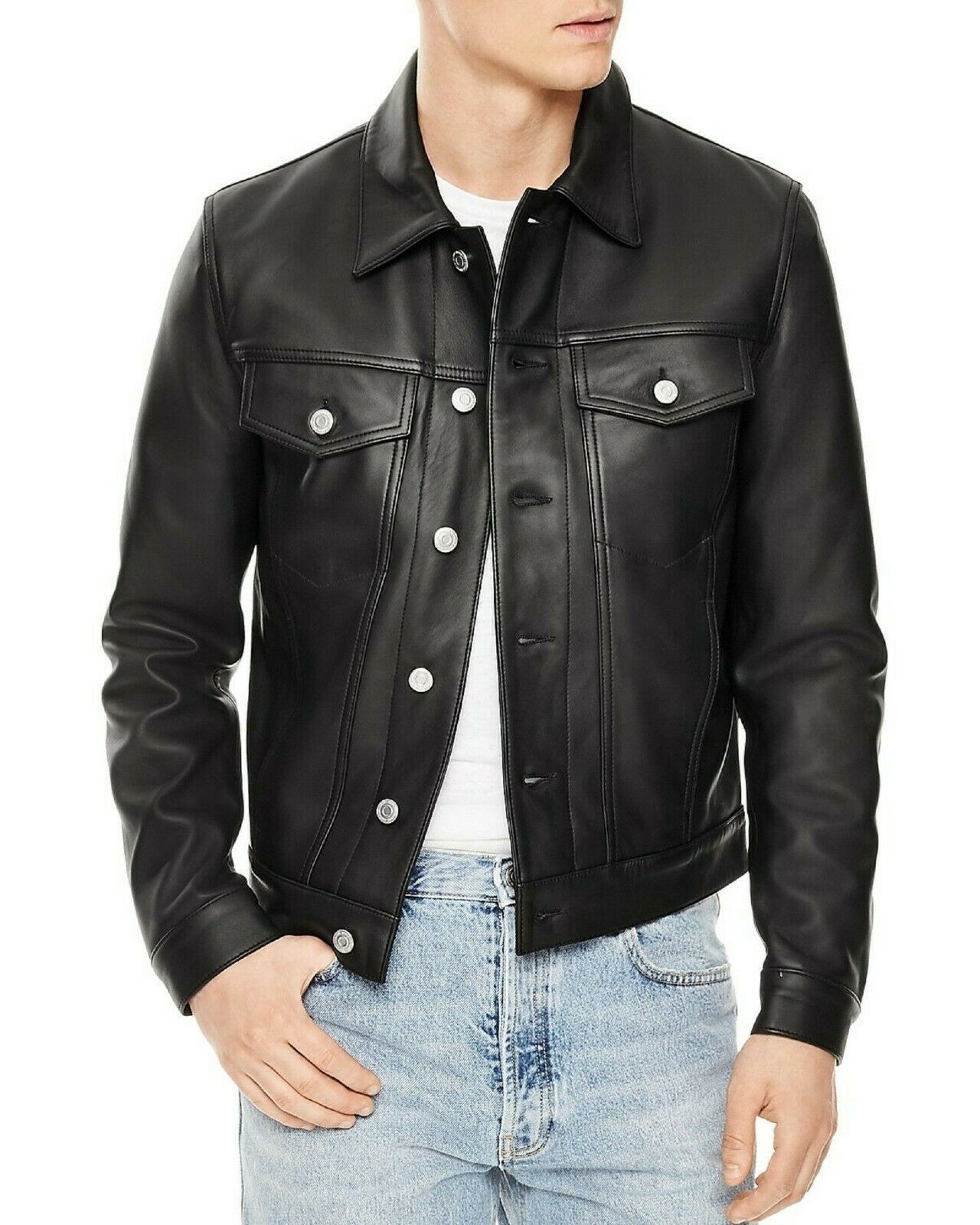 Sheepskin Slim Fit Trucker Jacket, Black Zing Apparel