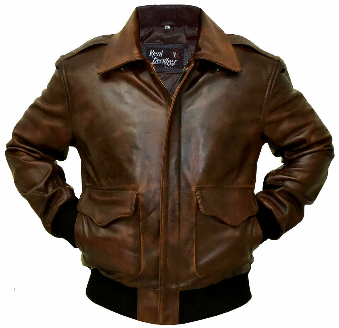 Brown Leather Flight Bomber Military Jacket Zing Apparel