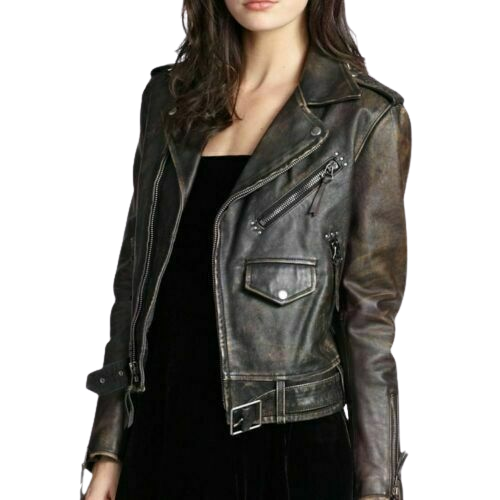 Distressed Leather Biker Jacket Women, Brown Zing Apparel