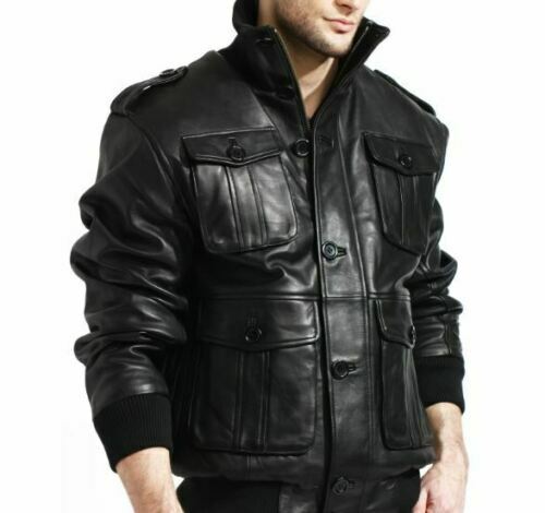 Men’s 4 Pockets Black Leather Bomber Jacket Zing Apparel
