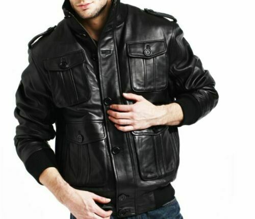 Men’s 4 Pockets Black Leather Bomber Jacket Zing Apparel