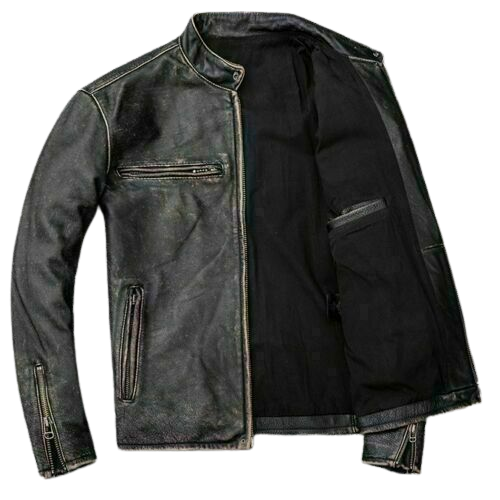 Classic Biker Distressed Cow Leather Jacket, Inner Pocket