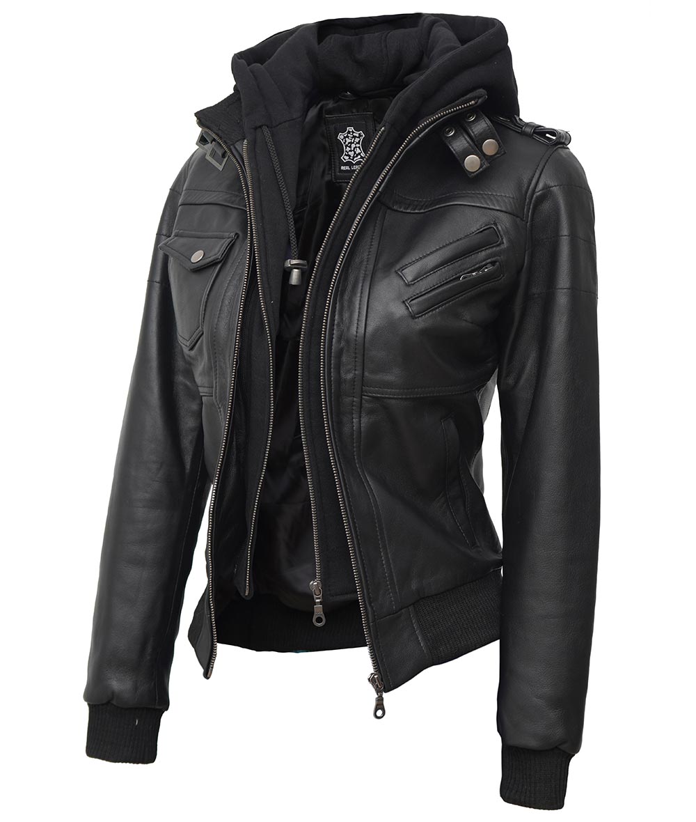 Women Leather Jacket With Hood Burgh Zing Apparel