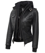 Women Leather Jacket With Hood Burgh Zing Apparel