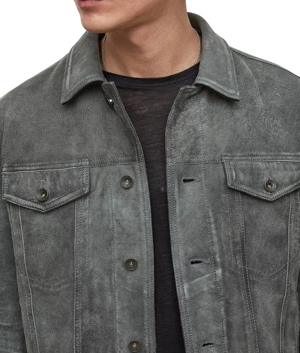 Trucker Suede Leather Jacket Men, Grey Zing Apparel