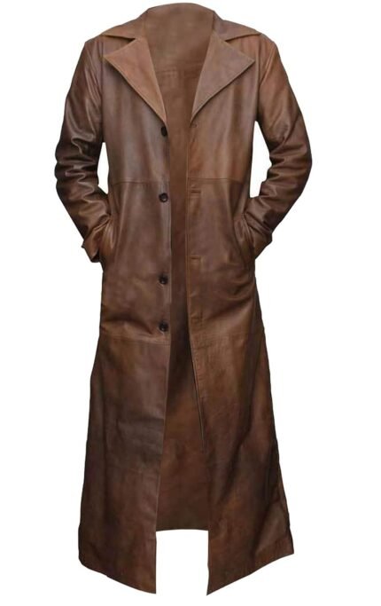 Premium Brown Leather Trench Long Coat For Men Zing Apparel