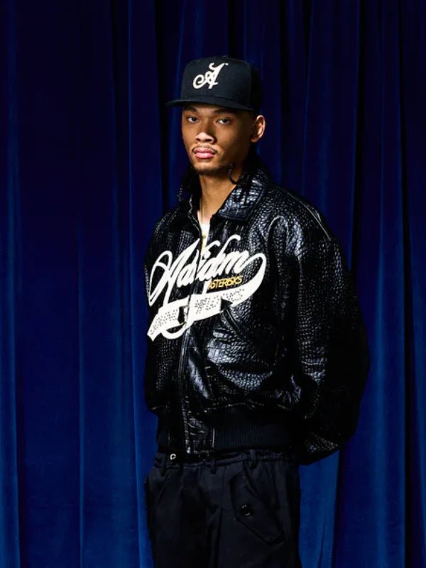 Adidem-Asterisks-Crocodile-Cursive-Black-Leather-Bomber-Jacket