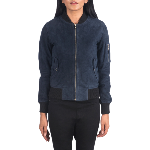 A woman wears the Zing Apparel Ava Ma-1 Suede Bomber Jacket for women in blue, featuring a front zipper, flap pockets, and ribbed cuffs and hem, paired with black pants, standing against a white background.