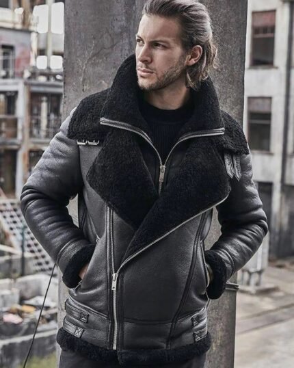 B3-Bomber-Jacket-Sheepskin-Shearling-Coat-Motorcycle-Classic-Leather-Black