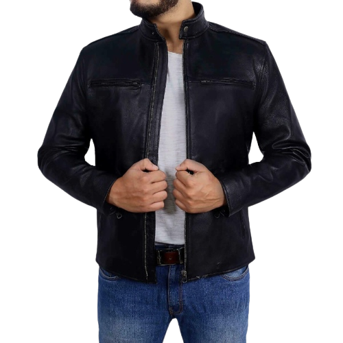 Best Plaing Leather Biker Jacket Black