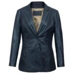 Stylish Fitted Leather Blazer Women Blue Zing Apparel