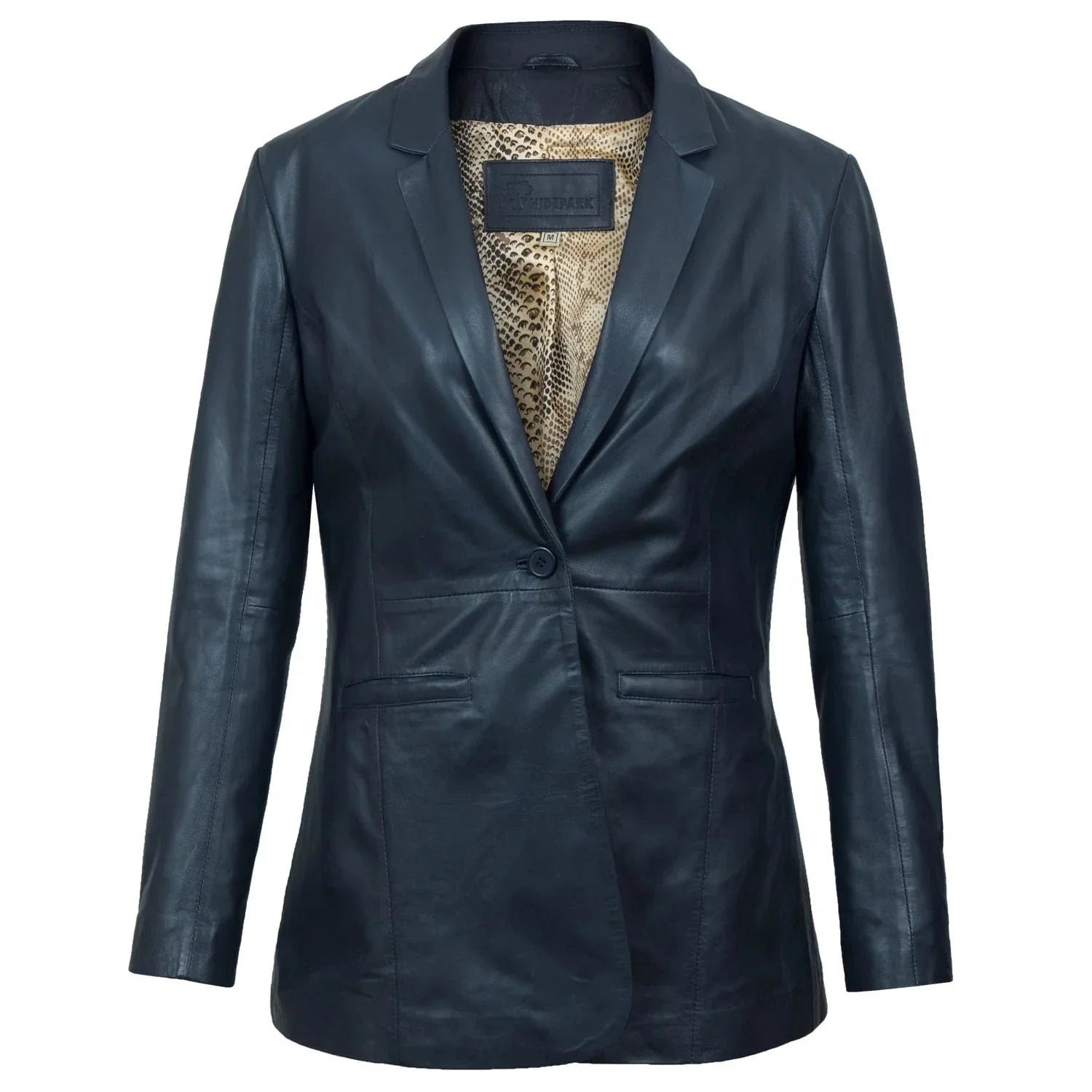 Beth-Navy-P1050269 Stylish Fitted Leather Blazer Women Blue Zing Apparel