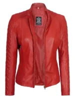 Biker Quilted Leather Jacket Women Red