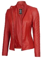 Biker Quilted Leather Jacket Women Red - Image 3