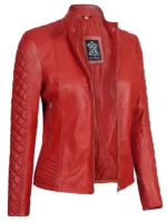 Biker Quilted Leather Jacket Women Red - Image 2
