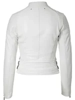 Biker Quilted Leather Leather Jacket Women, White - Image 2