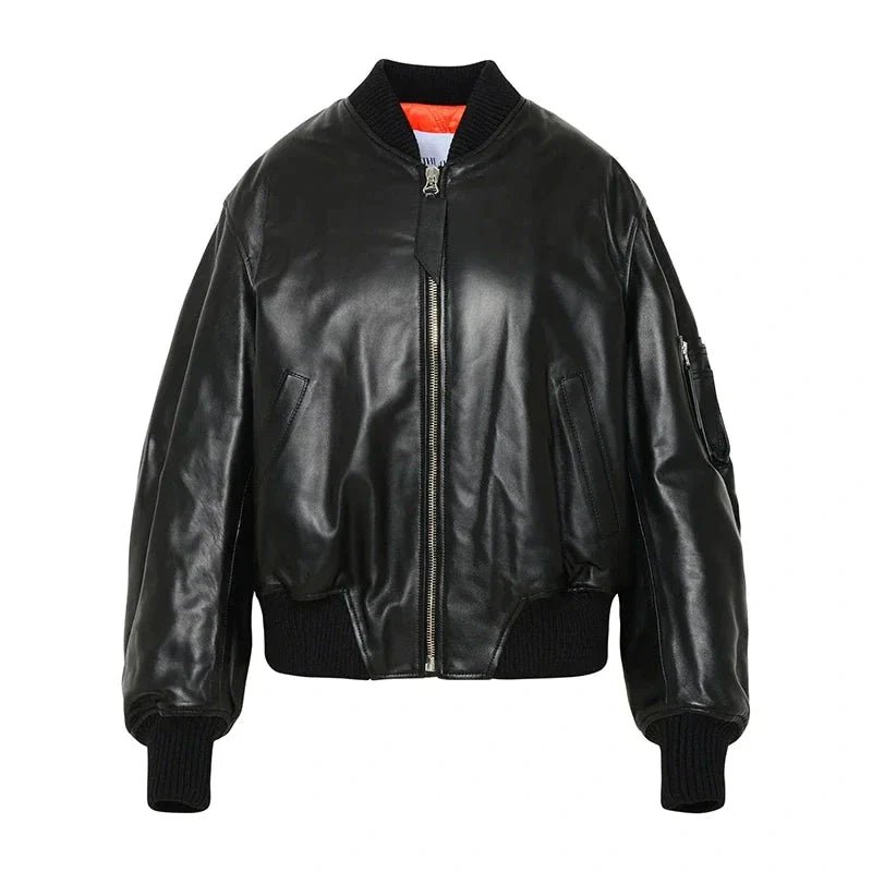 Black-Bomber-Leather-Jacket-For-Womens McQueen Leather Bomber Jacket Women, Black Zing Apparel