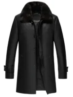 Black Leather Shearling 3/4 Length Coat with Fur Collar