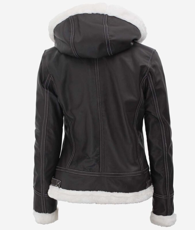 Black Leather Shearling Jacket For Women With Hood Buy