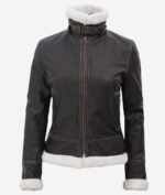 Black Leather Shearling Jacket For Women with Hood