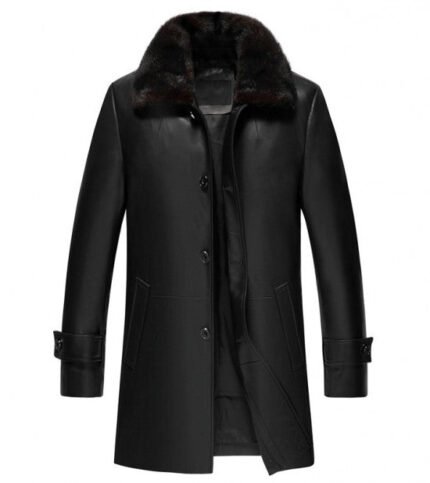 Black Leather Shearling 3/4 Length Coat with Fur Collar Zing Apparel