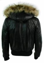 Black Shearling Leather Jacket with Fur Hood - Back