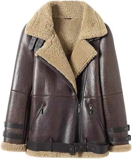 Brown Long Shearling Leather Jacket Women