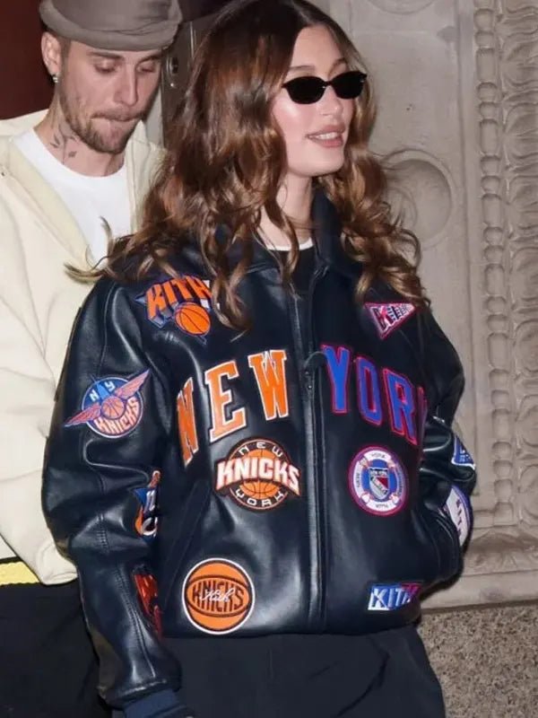 Hailey_Bieber_New_York_Knicks_Leather_Jacket Hailey Bieber New York Knicks Leather Jacket - Image 1