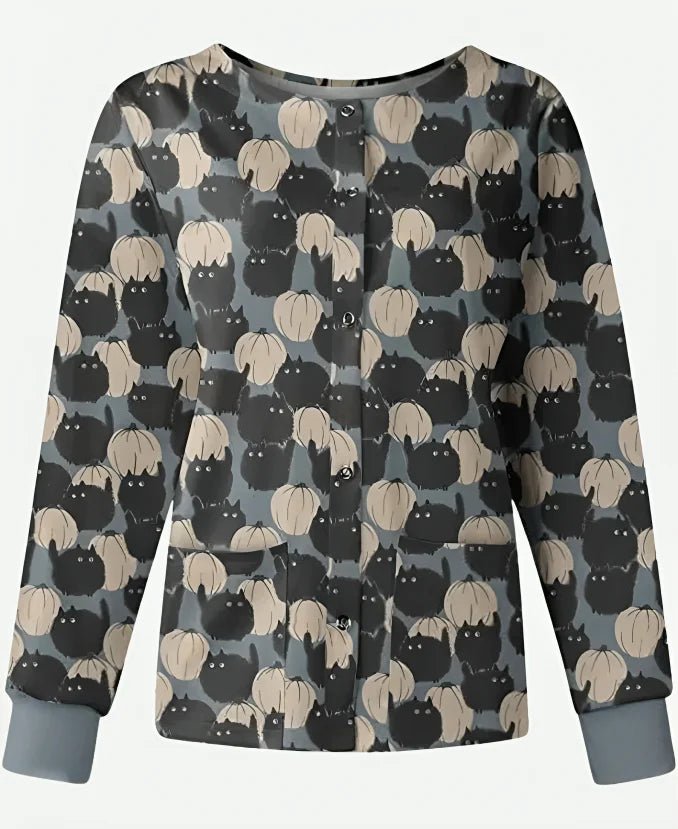 Halloween-Catspump-Grey-Scrub-Jacket_35f620c6-5eff-49f6-8b10-e3e6b7e87f27 Halloween Catspump Grey Scrub Jacket - Image 1