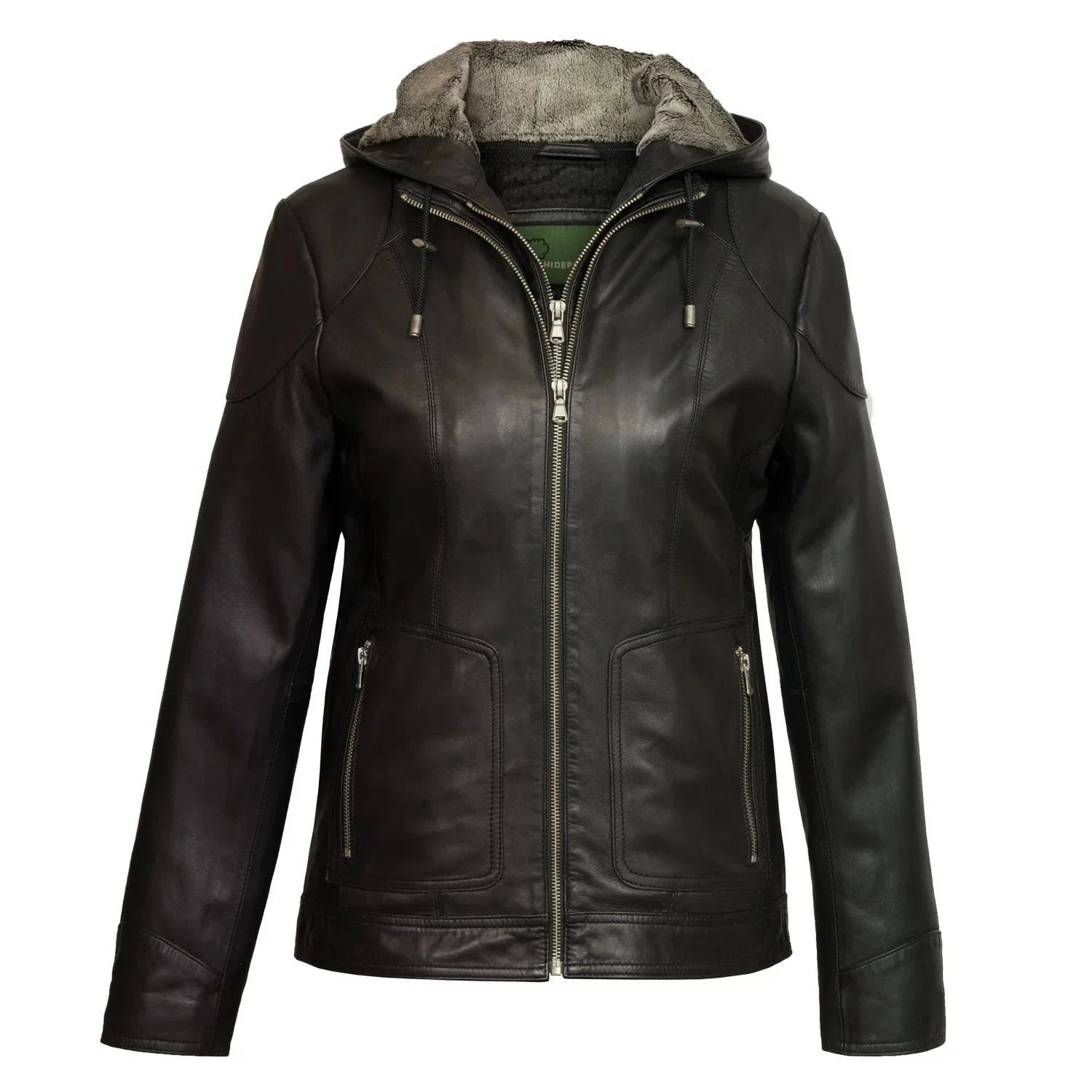 Heidi-Black-Leather-jacket-with-a-hood Black Hooded Jacket, Sheep Skin Jacket Zing Apparel