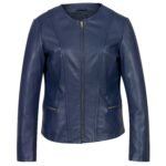 Women Biker Jacket Collarless, Midnight Blue Zing Apparel