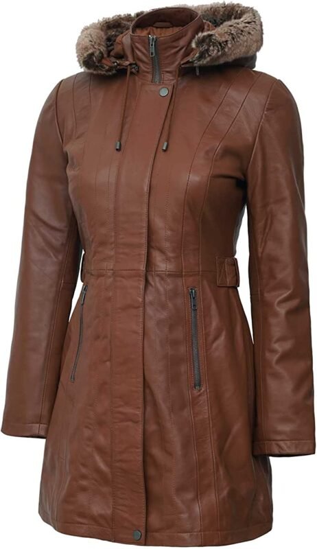 Leather Coat with Shearling Hood