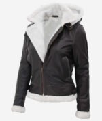 Leather Shearling Jacket For Women With Hood