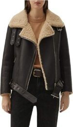 Matte Black Shearling Leather Jacket Women